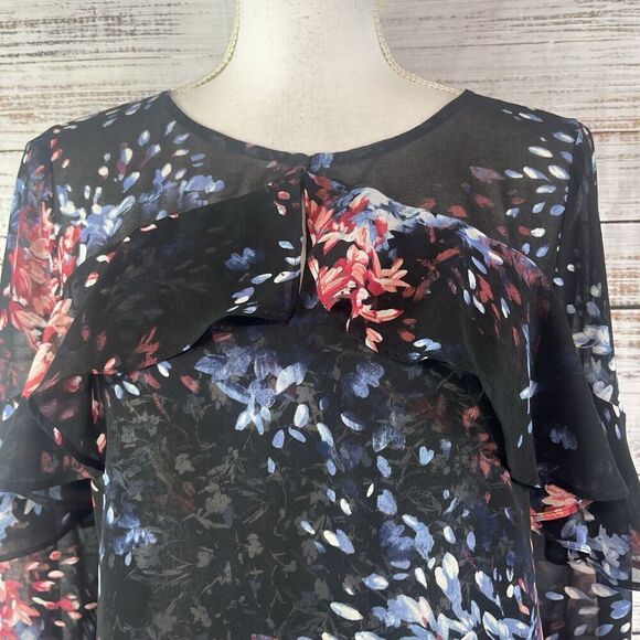 White House Black Market Blouse Tunic sz 4 Black Blue Pink Floral Sheer Ruffles - Picture 4 of 9
